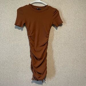 Zara‎ Brown Ruched Mini Bodycon Dress